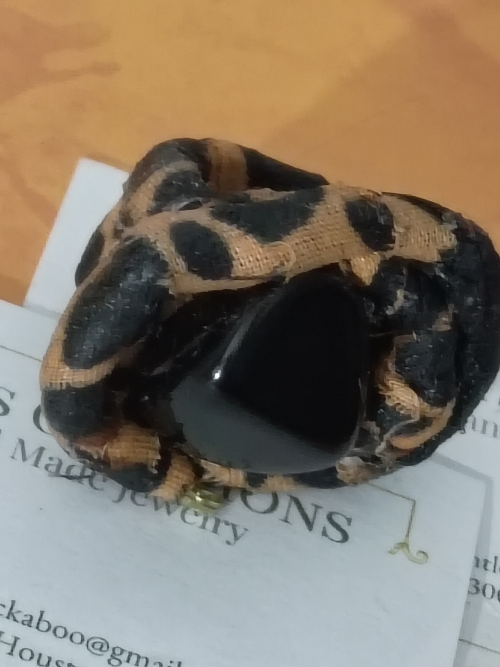 Black and Tan Fabric Statement Ring with Glossy Black Stone